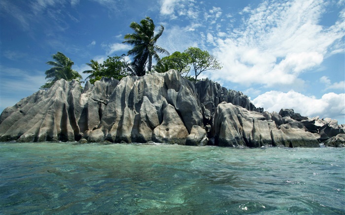 Mar, piedras, árboles, nubes, Seychelles Island Fondos de pantalla, imagen