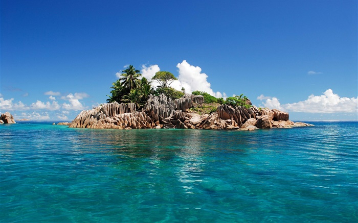 Pequeña isla, mar azul, cielo, Islas Seychelles Fondos de pantalla, imagen