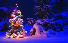 Nieve, luces, árbol, invierno, noche, Navidad