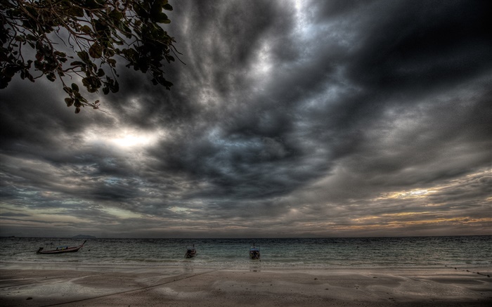 Tormenta, nubes, costa, playa, barco, noche Fondos de pantalla, imagen