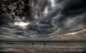 Tormenta, nubes, costa, playa, barco, noche HD fondos de pantalla