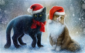 Dos gatos, nieve, bufanda, sombrero de la Navidad