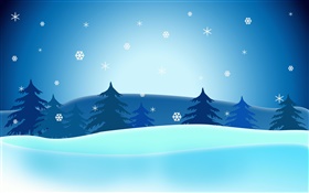 Fotos Vector de Navidad, árboles, copos de nieve, el cielo azul