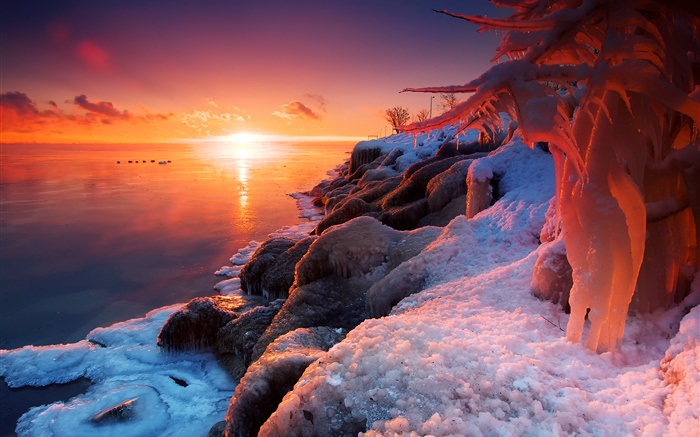 Invierno, la salida del sol, lago, hielo, nieve, hermosos paisajes Fondos de pantalla, imagen