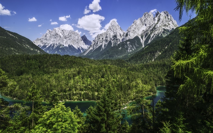Montañas, Baviera, Alemania, montañas, bosque, río Fondos de pantalla, imagen