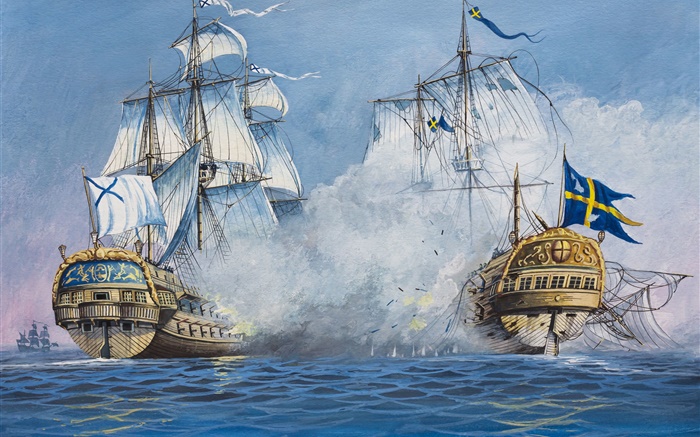 Pintura artística, vela, barcos, batalla, mar Fondos de pantalla, imagen