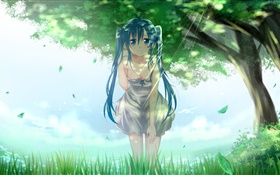 Azul Vello anime girl, Hatsune Miku, árboles, hierba, hojas