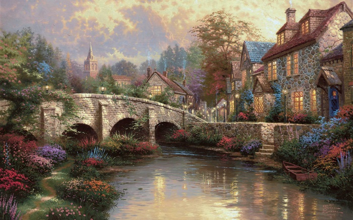 Inglaterra, Wiltshire Distrito, campo, pueblo, casa, puente, pintura del arte Fondos de pantalla, imagen
