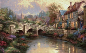 Inglaterra, Wiltshire Distrito, campo, pueblo, casa, puente, pintura del arte HD fondos de pantalla