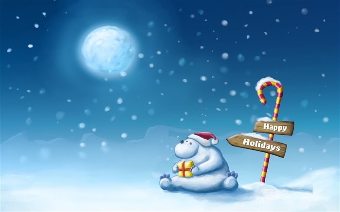 Felices fiestas, nieve, oso, luna Fondos de pantalla, imagen
