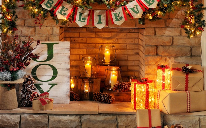 Feliz Año Nuevo, Feliz Navidad, chimenea, velas, cajas de regalo Fondos de pantalla, imagen