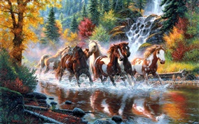 Caballos, río, cascada, bosque, otoño, árboles, pintura del arte HD fondos de pantalla