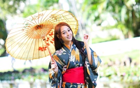 Chica japonesa, kimono, paraguas, el deslumbramiento