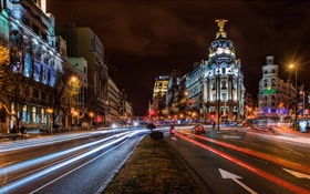 Madrid, España, ciudad de la noche, luces, casas, edificios, carreteras
