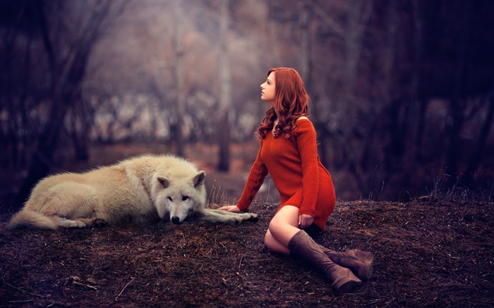 Melis, niña y lobo, suéter rojo Fondos de pantalla, imagen