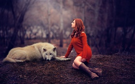 Melis, niña y lobo, suéter rojo HD fondos de pantalla