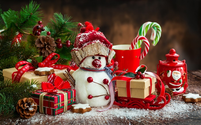 Feliz Navidad, Año Nuevo, decoración, muñeco de nieve, la taza, dulces, regalos Fondos de pantalla, imagen