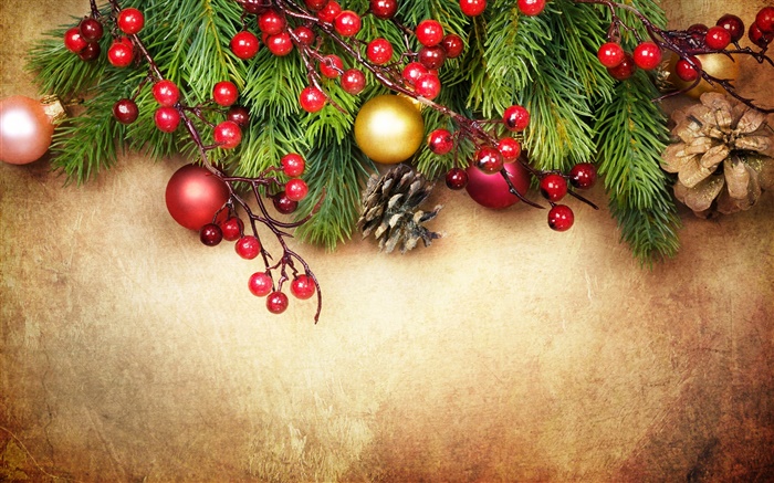 Feliz Navidad, decoración, ramitas de pino, bayas, pelotas Fondos de pantalla, imagen