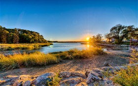 Nueva York, EE.UU., Long Island, puesta del sol, río, hierba, árboles, casa HD fondos de pantalla