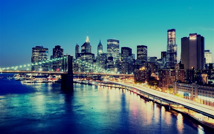 Nueva York, EE.UU., noche, luces de la ciudad, los rascacielos, la bahía Fondos de pantalla, imagen