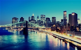 Nueva York, EE.UU., noche, luces de la ciudad, los rascacielos, la bahía