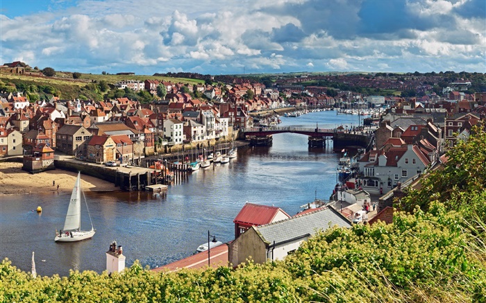 North Yorkshire, Inglaterra, río, puente, barco, casa Fondos de pantalla, imagen