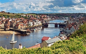 North Yorkshire, Inglaterra, río, puente, barco, casa HD fondos de pantalla