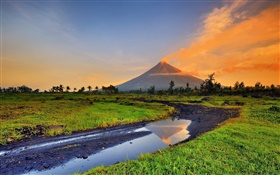 Filipinas, Mayon, volcán, montañas, hierba, arroyo HD fondos de pantalla