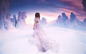 Niña de vestido rosa en invierno, nieve de espesor HD fondos de pantalla