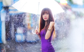 Vestido púrpura niña asiática, paraguas, lluvia