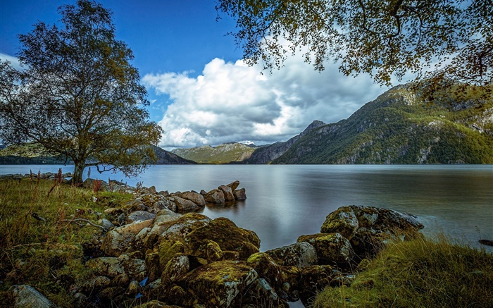 Rogaland, Noruega, lago, montañas, árboles, rocas, nubes Fondos de pantalla, imagen