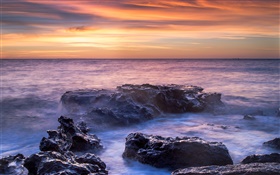 Mar, costa, agua, rocas, puesta del sol HD fondos de pantalla