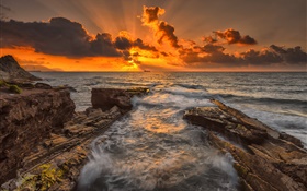 Mar, rocas, costa, puesta del sol, oscuridad, nubes HD fondos de pantalla