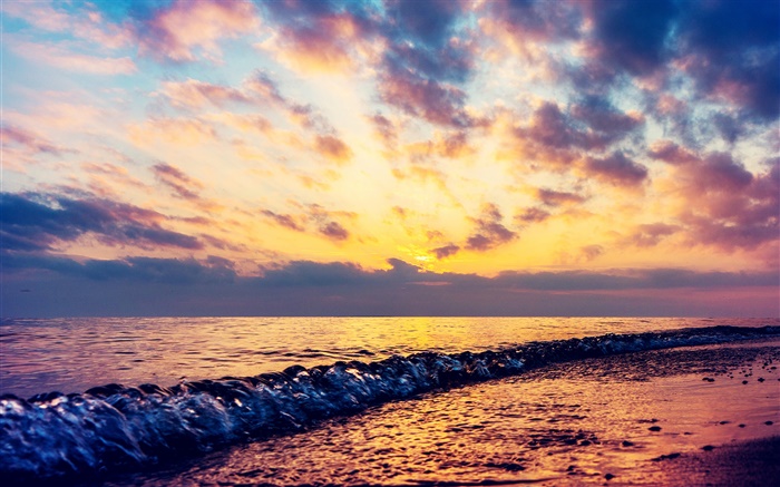Mar, ondas, playa, puesta del sol, nubes Fondos de pantalla, imagen