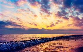 Mar, ondas, playa, puesta del sol, nubes HD fondos de pantalla