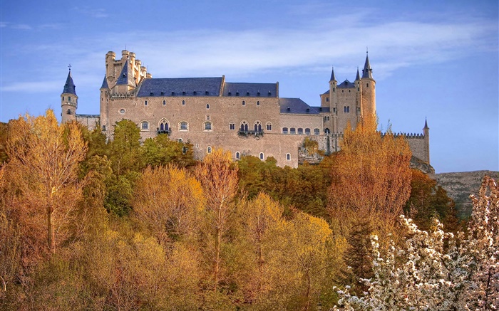 España, Segovia Alcázar, palacio, árboles, cielo, otoño Fondos de pantalla, imagen