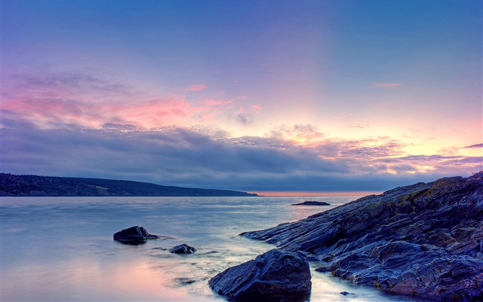 Puesta de sol, mar, orilla, rocas, cielo, nubes Fondos de pantalla, imagen