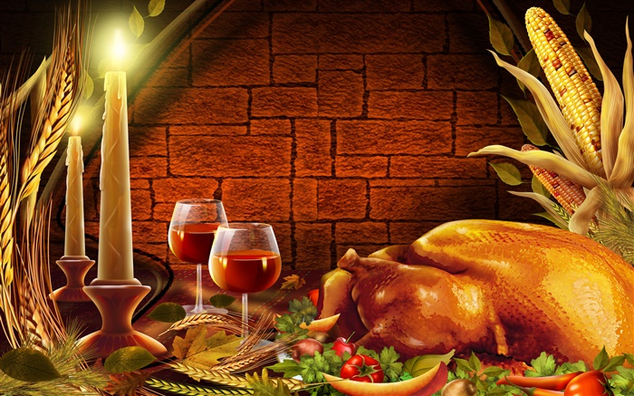 Acción de Gracias, el pollo, velas, copas de vino Fondos de pantalla, imagen