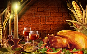 Acción de Gracias, el pollo, velas, copas de vino