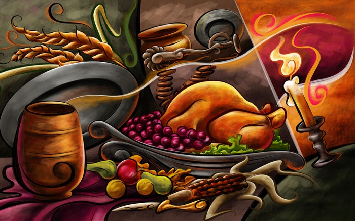 Pintura tema de Acción de Gracias, pollo, frutas, velas Fondos de pantalla, imagen
