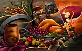 Pintura tema de Acción de Gracias, pollo, frutas, velas HD fondos de pantalla