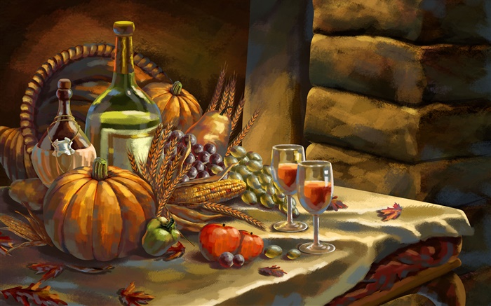 Acción de Gracias, la acuarela, la calabaza, las uvas, el vino, las manzanas, trigo Fondos de pantalla, imagen