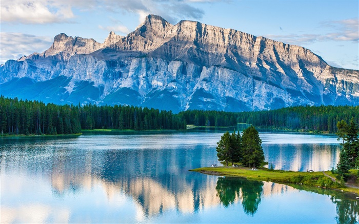 Two Jack Lake, Parque Nacional Banff, Alberta, Canadá, montañas, árboles Fondos de pantalla, imagen