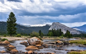 EE.UU., California, Parque Nacional de Yosemite, bosque, montañas, nubes, rocas HD fondos de pantalla
