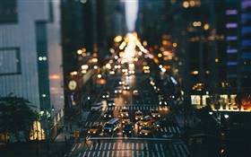 Estados Unidos, Nueva York, noche, edificios, calles, coches, luces, bokeh