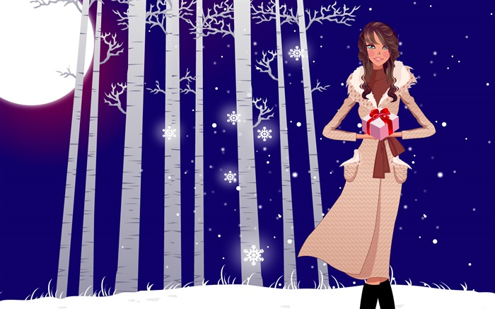 Ilustración del vector, muchacha, invierno, nieve, árboles, regalos Fondos de pantalla, imagen