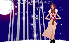 Ilustración del vector, muchacha, invierno, nieve, árboles, regalos