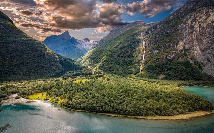Vikane, Noruega, valle, montañas, lago, nubes Fondos de pantalla, imagen