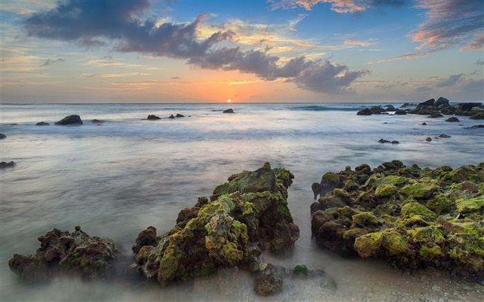 Aruba, Caribe, Arashi Bay, piedras, mar, costa, puesta del sol, nubes Fondos de pantalla, imagen