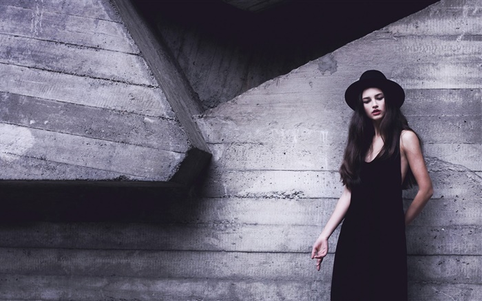 muchacha del vestido de negro, sombrero, pared Fondos de pantalla, imagen